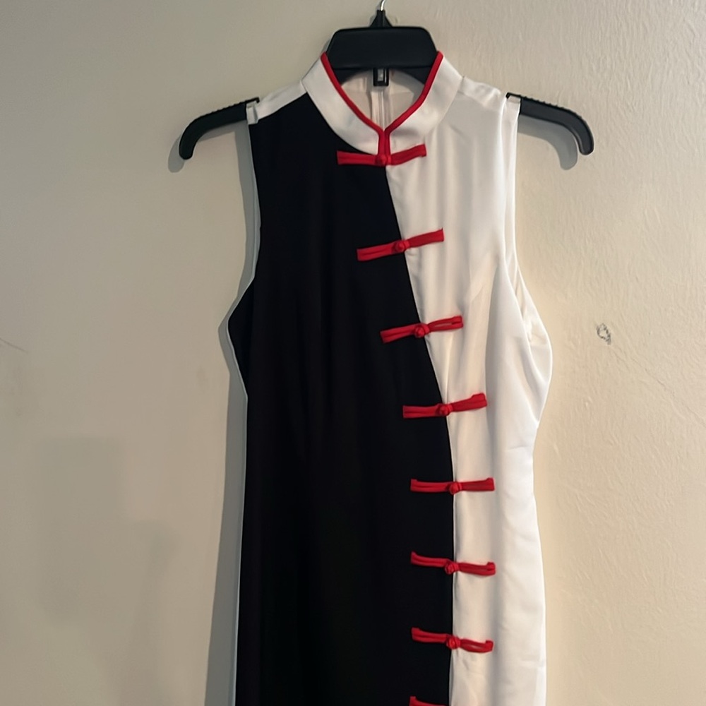 Vintage Black White Red Cheongsam Yin Yang Red Frog Closures Maxi Dress Small - Picture 2 of 4